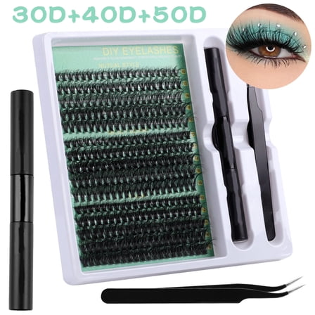 Lash Clusters Kit, 300 Pcs Eyelashes Clusters Extensions Kit 9-16mm Individual Lashes D Curl Fluffy Wispy False Eyelashes Thin Band, with Tweezers Brush DIY (30D 40D 50D Kit 10-16mm)