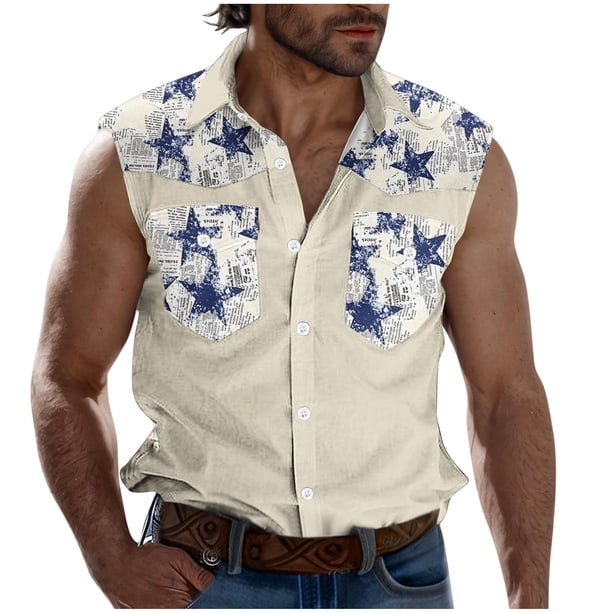 Camisas de Cuello para Hombres, Moda Casual Día de la Independencia Imprimir Turndown Bolsillos sin Mangas Tanque Deportivo