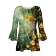 thumbnail image 4 of CYMMPU 3/4 Sleeve Button V Neck Flare Sleeve Blouses for Women Dressy Casual Fall Trendy Shirts Spring Tunic Tops Flower Printed Loose Fit Pleated Dressy T-Shirts XL, 4 of 5