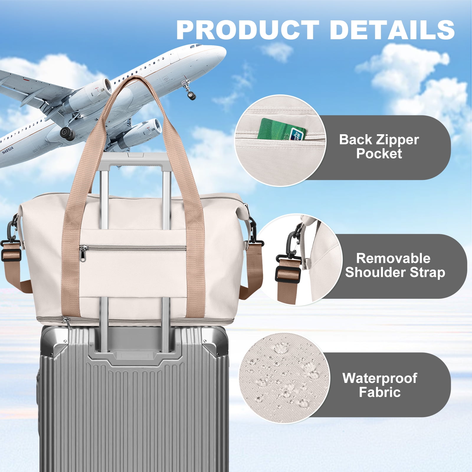 Travel Bag, Waterproof Duffel Gym Tote Bag, Weekender Carry On Overnight Bags for Women Men Approved Personal Item Bag for Airlines with Trolley Sleeve, Travel Duffel Bags, Beige Brown