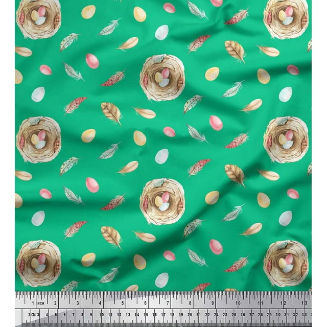 Soimoi Green Velvet Fabric Nest & Feather Print Sewing Fabric Yard 58 Inch Wide