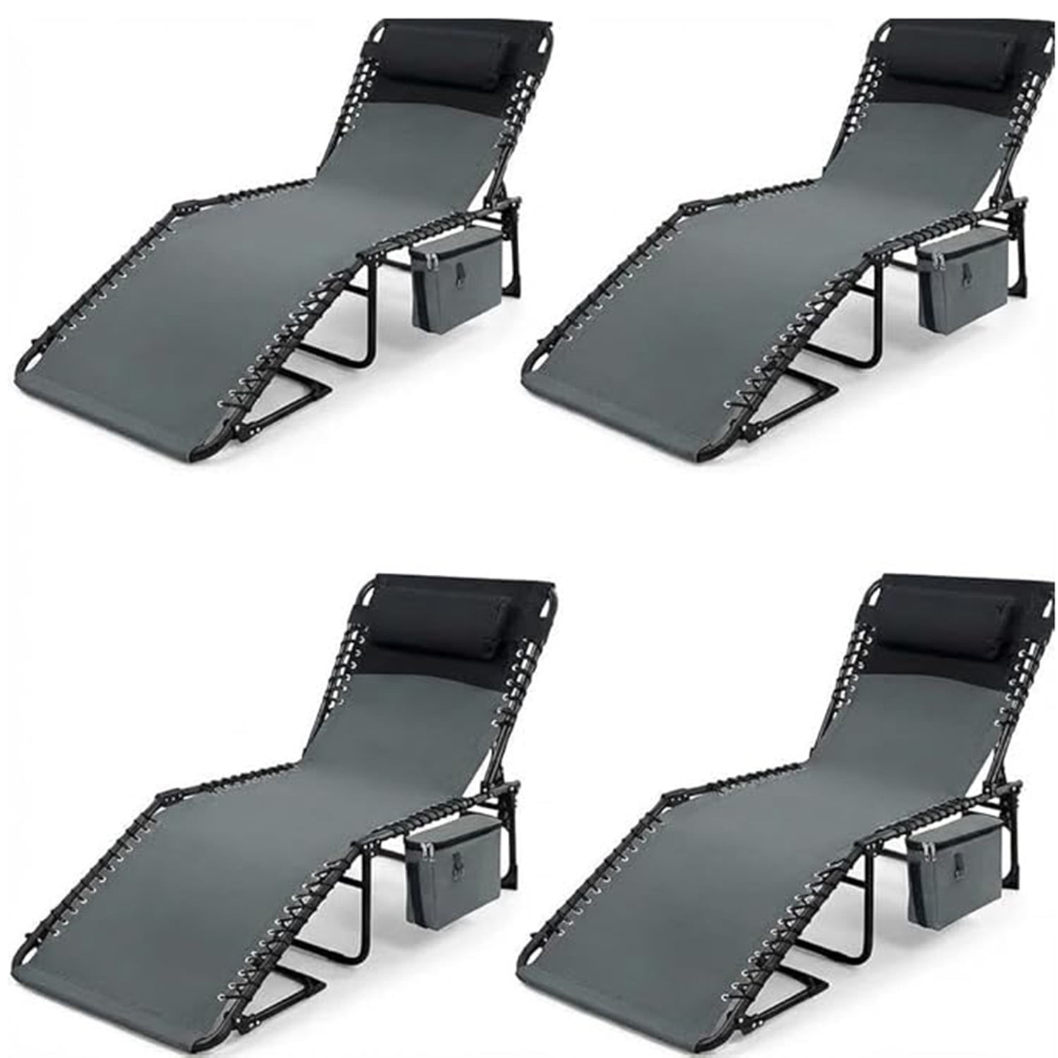 Memoryfield 4-Pack Folding Tanning Chaise Lounge Chairs Adjustable Backrest Side Pocket Removable Pillow Portable for Beach Pool Patio Camping Gray
