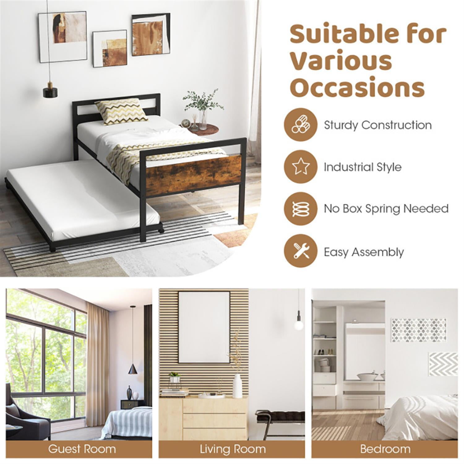 Demi Bonn Twin Size Metal Daybed with Trundle Lockable Wheels, Modern Bed Frame for Teens, Black