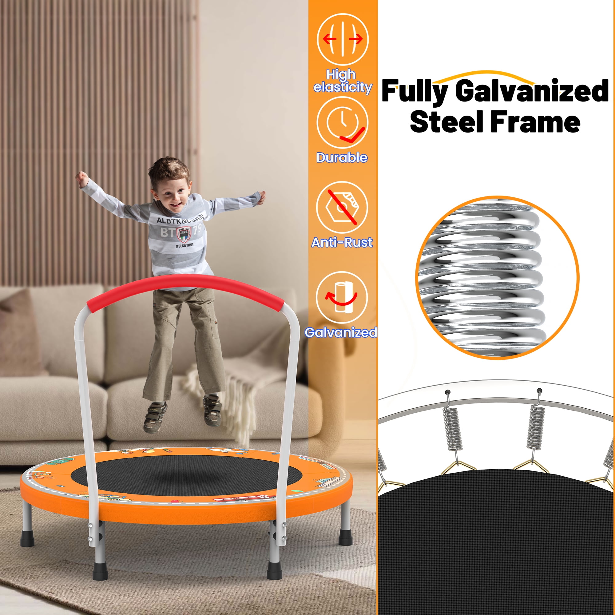 Mersco 36" Kids Trampoline for Toddlers,Indoor & Outdor Trampoline with Handle for 2+ Years Kids,Baby Toys Gifts for Boys Girls, Birthday, Orange
