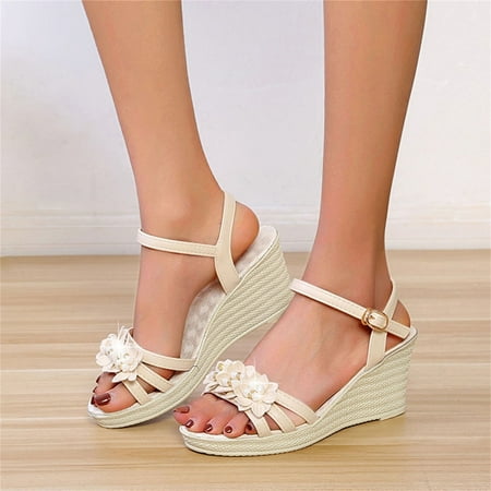 

YTJX Spring And Summer Women s Fashion Open Toe Wedge Heel Rhinestone Flower Sandals Casual Shoes