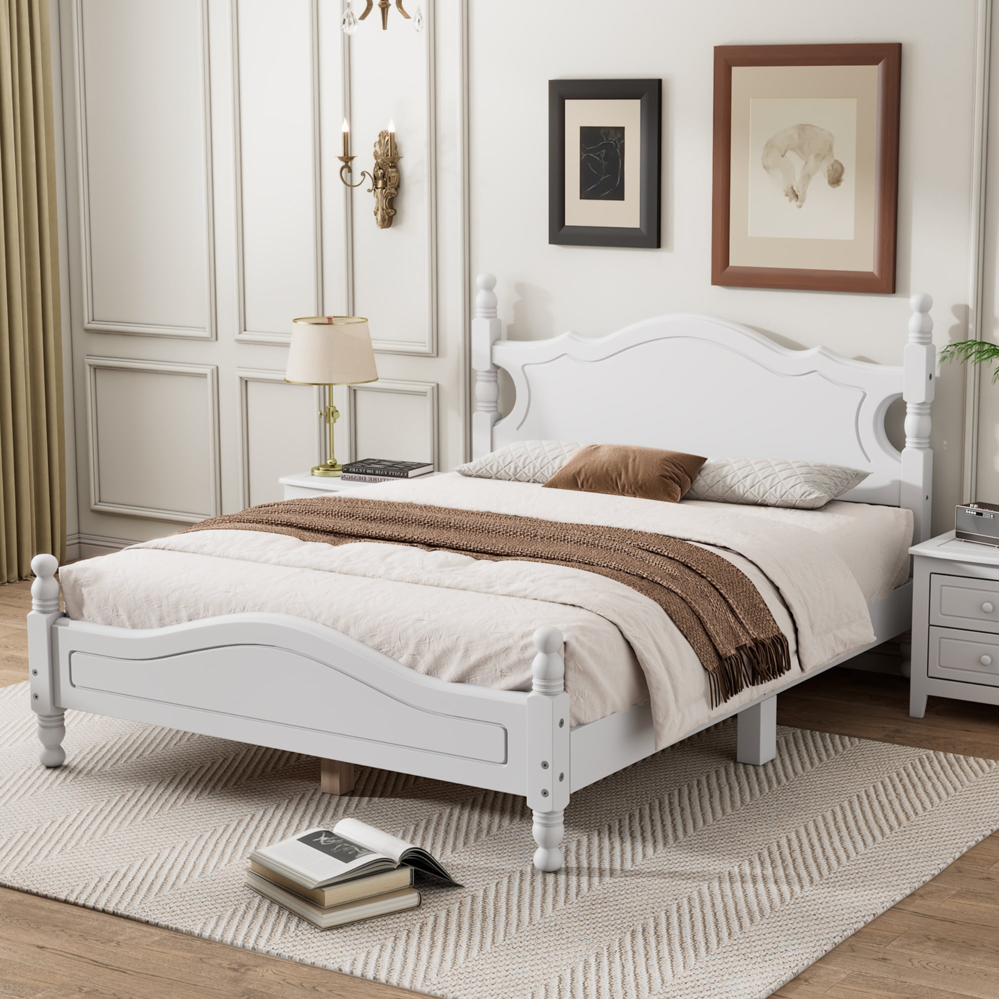 Euroco Wood Full Size Retro Style Platform Bed, White