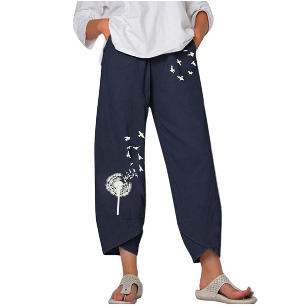 Pantalones estampados de bolsillo de algodón y lino sueltos casuales de verano para mujer Pantalones Pompotops ulkah939036