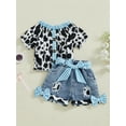 thumbnail image 4 of Toddler Kids Girls Summer Outfit 12 19 24 Months 2T 3T 4T 5T Cow Print Short Sleeve T-Shirt and Elastic Ripped Denim Shorts with Belt Clothing Set, 4 of 9