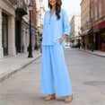 thumbnail image 4 of Linen Two Piece Outfits for Women Summer V Neck Button Down Tops Wide Leg Pants Set Casual Loose Matching Sets For Vacation, 4 of 7