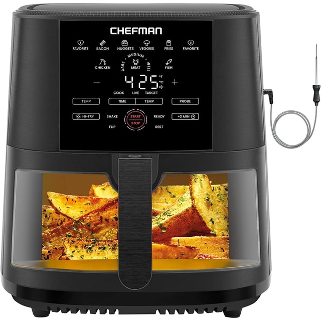 Chefman 7.5-Liter Digital Air Fryer with Temperature Probe, 8 Customizable Cooking Presets, Large Easy-View Window, Give Your Food an Extra Crispy Finish, Nonstick Dishwasher-Safe Basket & Tray, Black