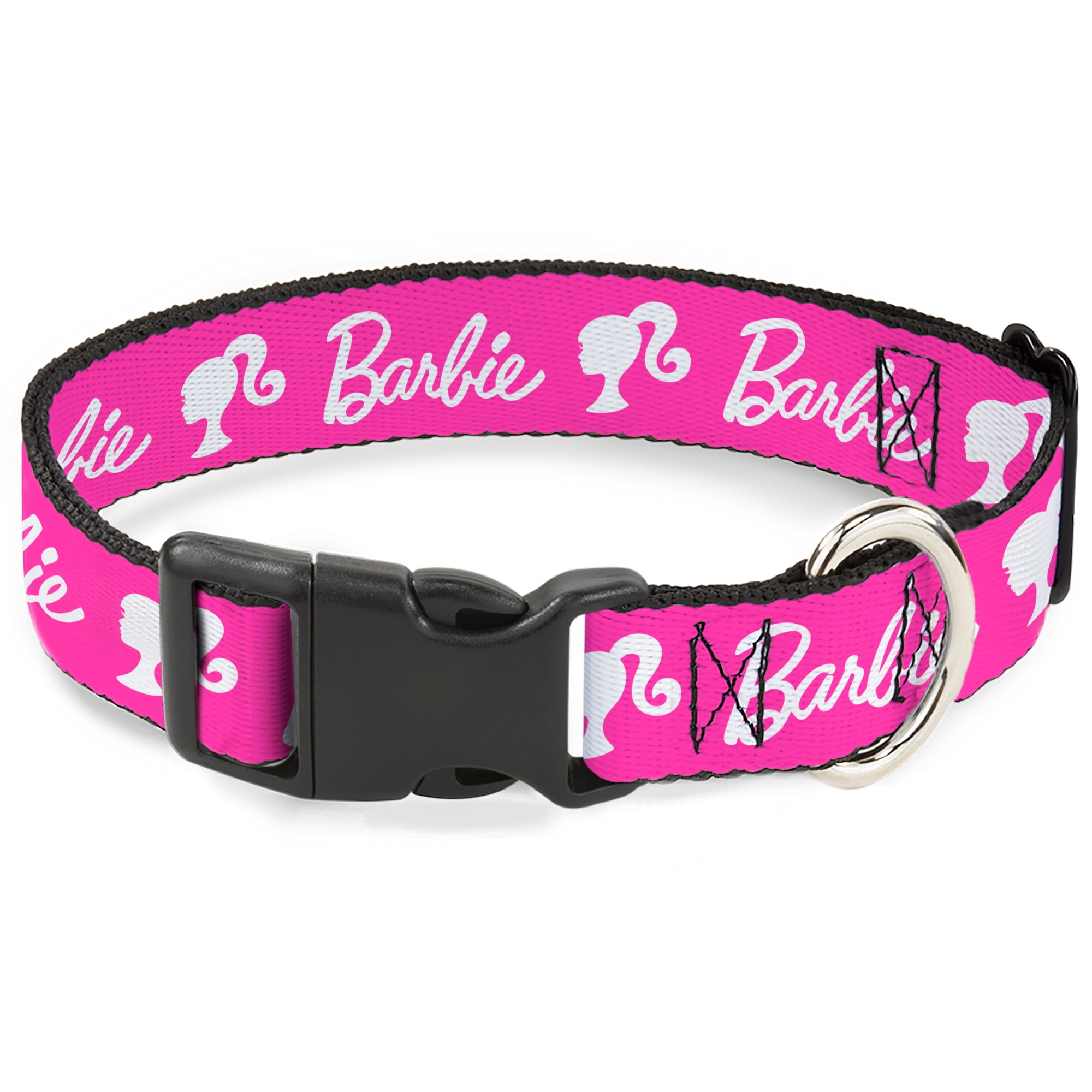 Mattel Pet Collar Dog Collar Plastic Buckle Barbie Script Signature Logo and Silhouette Hot Pink White 13 to 17 Inches 1.5 Inch Wide