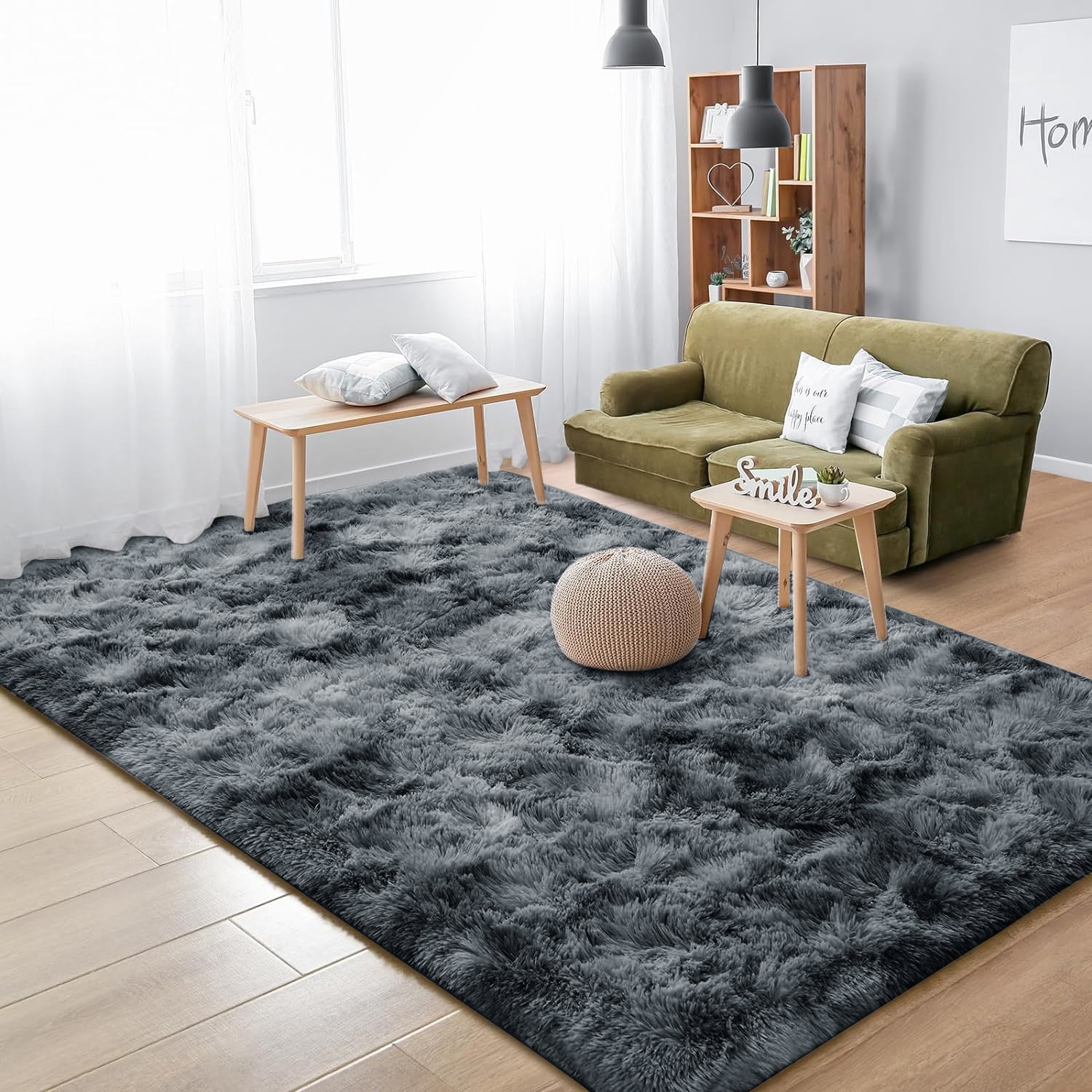 Debonair Super Soft Shaggy Rugs Fluffy Carpets 5x8 Feet Indoor Modern Plush Area Rugs for Living Room Bedroom Home Decor Upgrade Anti-Skid Rectangular Fuzzy Rug, Dark Grey