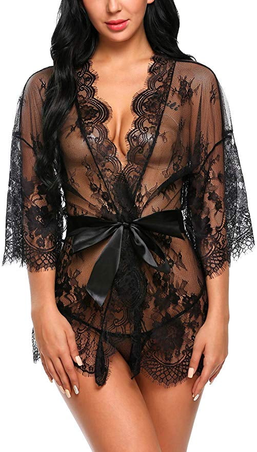 Lace Lingerie Set with Choker Teddy Babydoll Kimono Robe Mesh Nightgown for Gift 