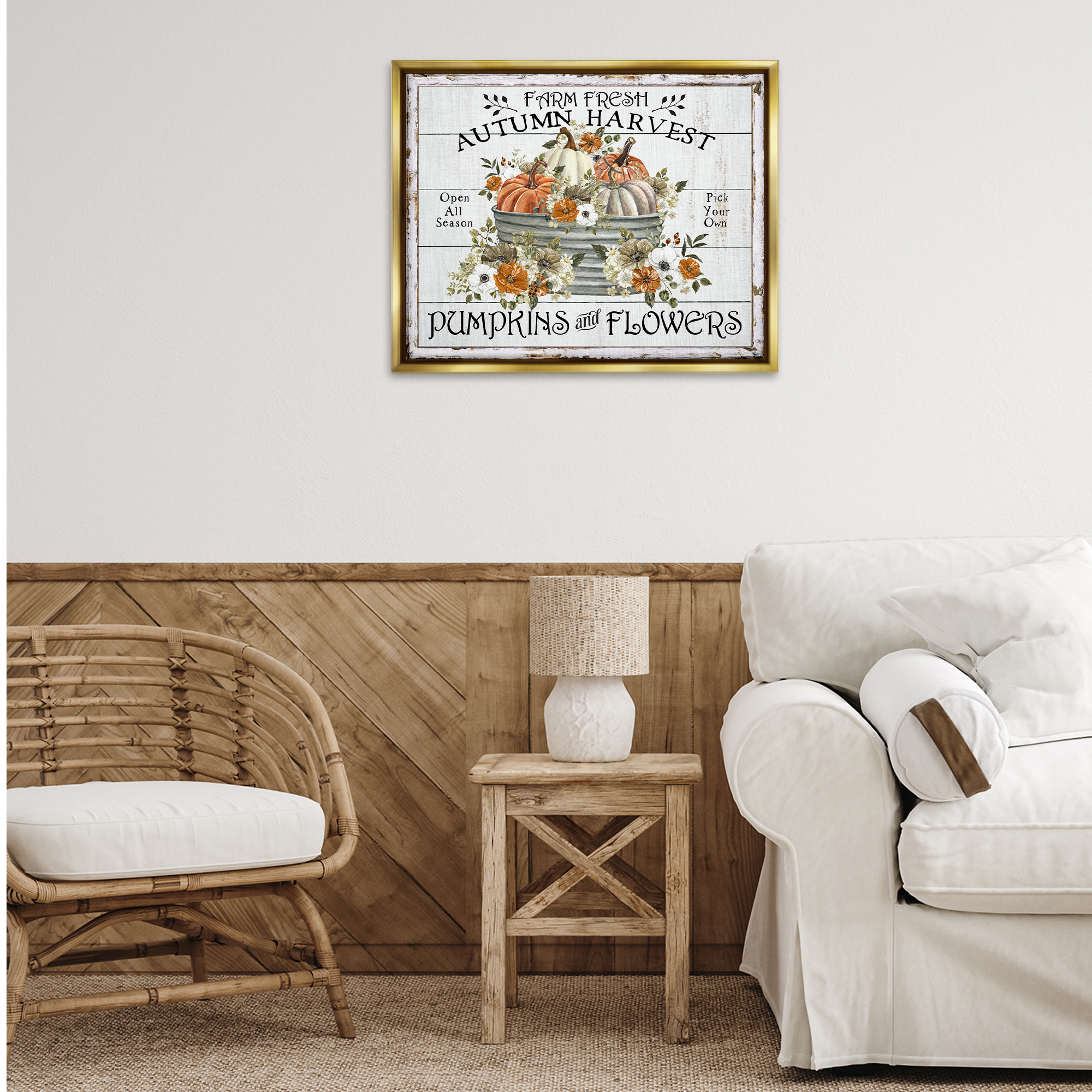Stupell Industries Farm Fresh Harvest Pumpkin Holiday Painting Gold Floater Framed Canvas Art Prints Wall Art, 31 x 25