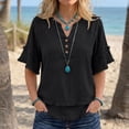 thumbnail image 7 of Womens Fringe Boho Tops Casual Cotton Linen Distressed V Neck Shirts Short Sleeve Gauze Blouses Raw Edge Hem Black S, 7 of 7