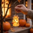 thumbnail image 5 of Lighted Patchwork Ghost Halloween Ornament Cute Resin Hanging Decor with Pumpkin Bucket and Bow, 5 of 7
