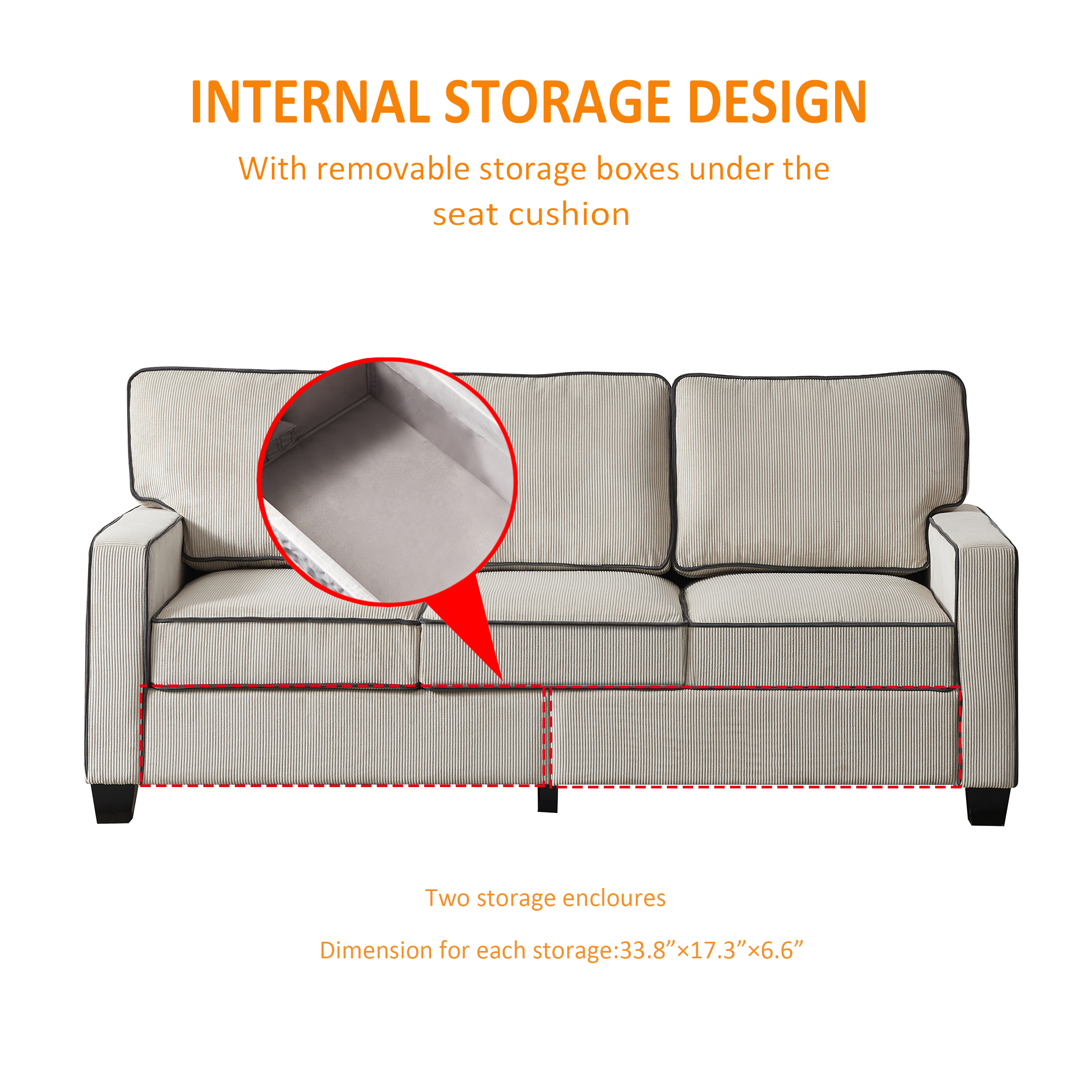 DEALTOPS Modern Sectional Sofa Corduroy Upholstered Sleeper Sofa Couch 3 Seater Sofa Chair for Living Room - Beige