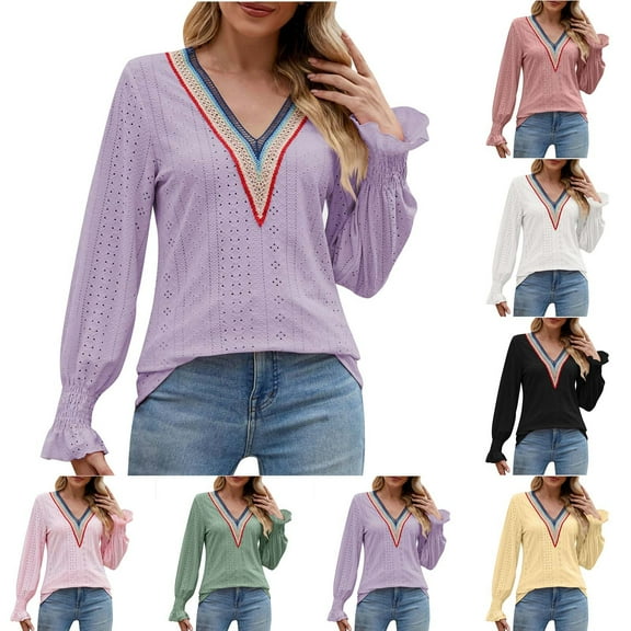 ATOYSOY Women's Long Sleeve Shirts Lace Crochet Winter Solid Color Pullover Spring Loose Tops Dressy Tunic Casual Blouse Eyelet Workout V Neck Sweatshirts Black L