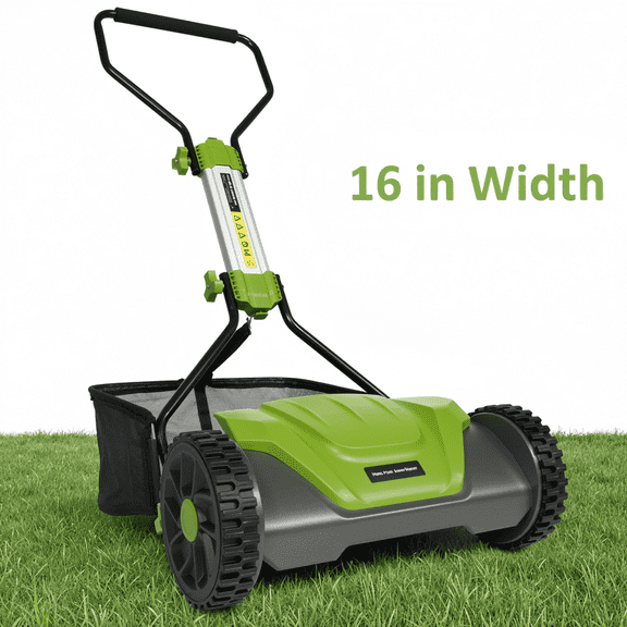GASKY 16inch Push Reel Lawn Mower 5 Blades 6 Adjustable Cutting Height Manual Reel Mower with 8-gal Grass Catcher for Garden/Yard Green