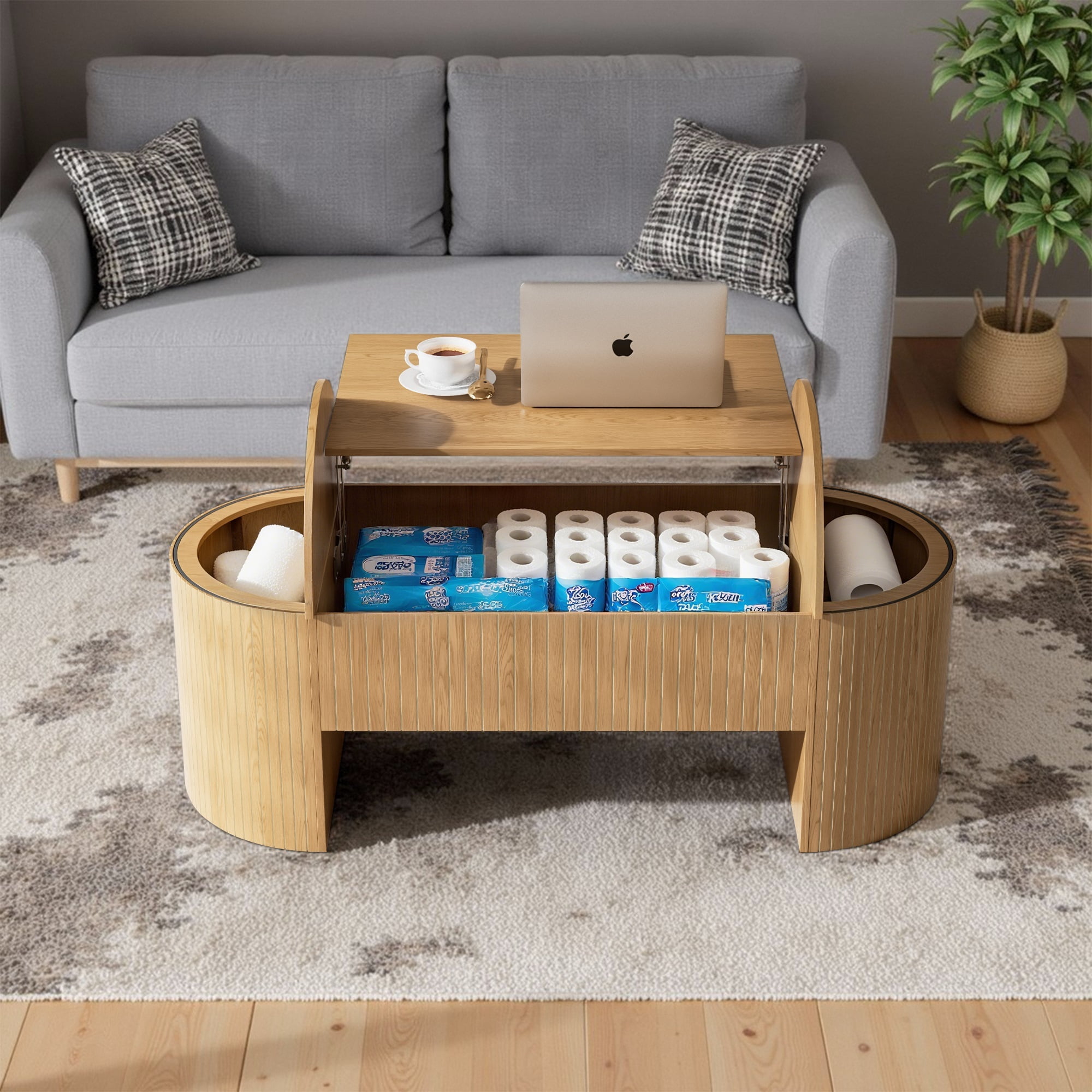 Diubas Oval Lift Top Coffee Table with Hidden Storage, Fluted Coffee Table Center Table for Home Living Room, Natural