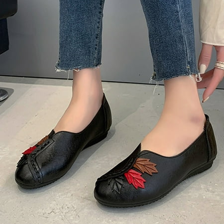 

Cathalem Fashion Four Season Women Casual Shoes Flat Round Toe Patchwork Leather Solid Color Women Slip on Shoes Casual under 14 Black 8.5