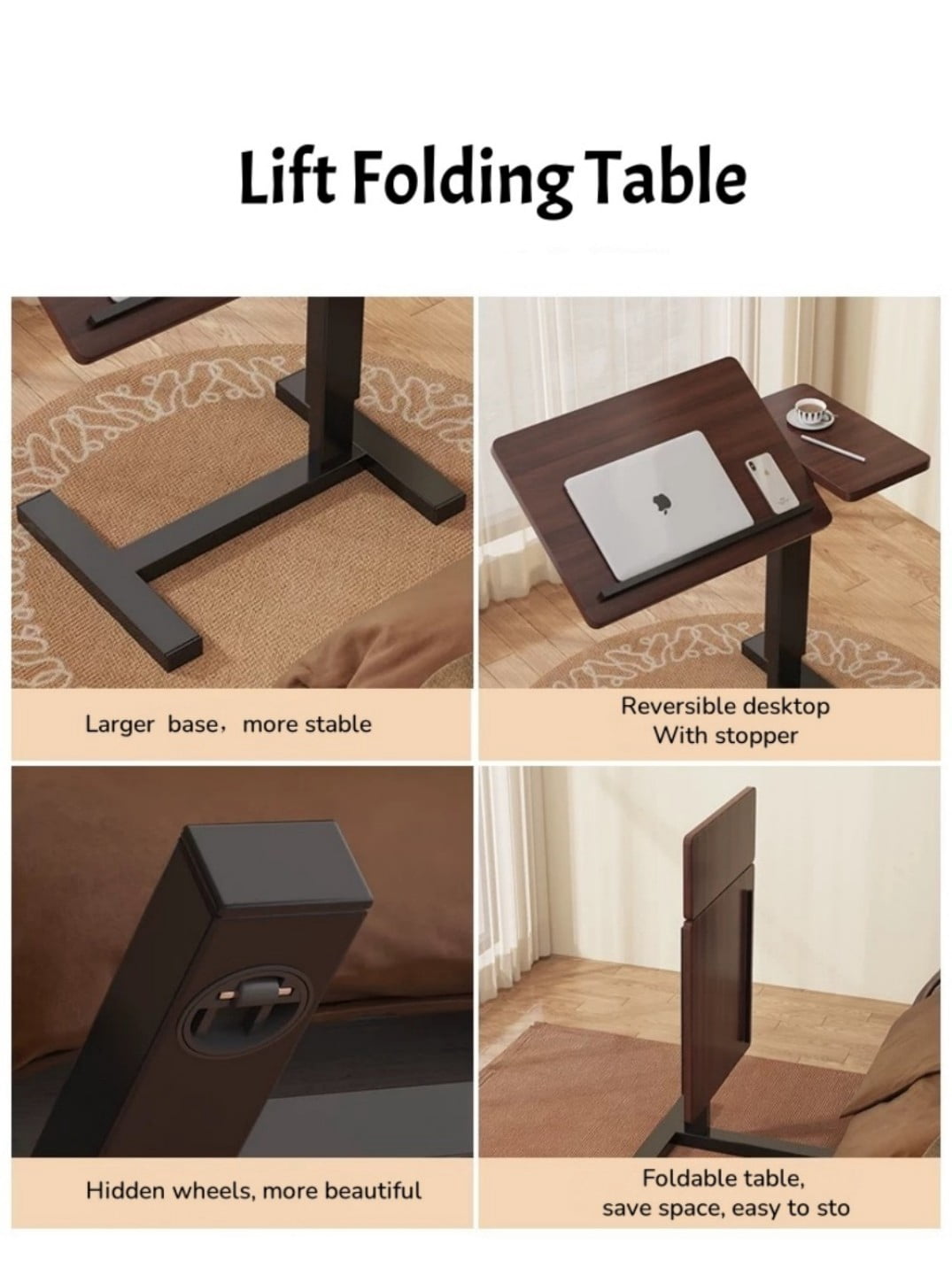 Overbed Table with Wheels, Adjustable Rolling Laptop Desk with Tilting Desktop, Height Adjustable Bedside Table for Bed, Sofa & Home Office, Walnut+Black
