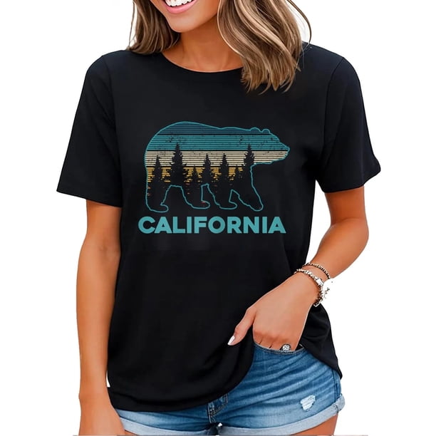 Playera Mujer California Oso Vintage Retro Senderismo Naturaleza Regalo Camiseta Negra Talla X-Large