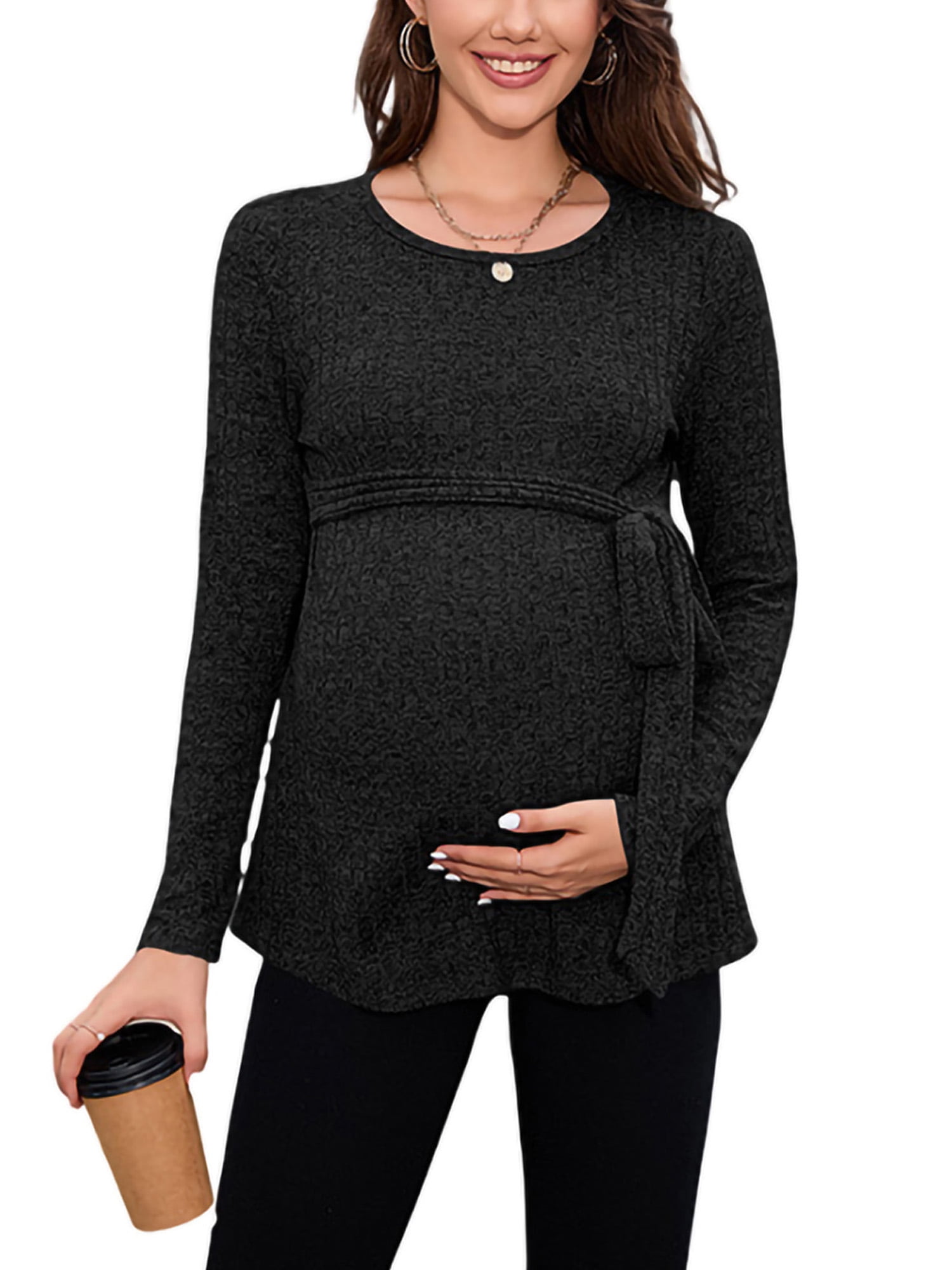 Capreze Women Maternity Shirts Ribbed Knit Pregnancy Tops Long Sleeve  Pregnant Tee Elegant T-Shirt Tie Front Clothes Black XL 