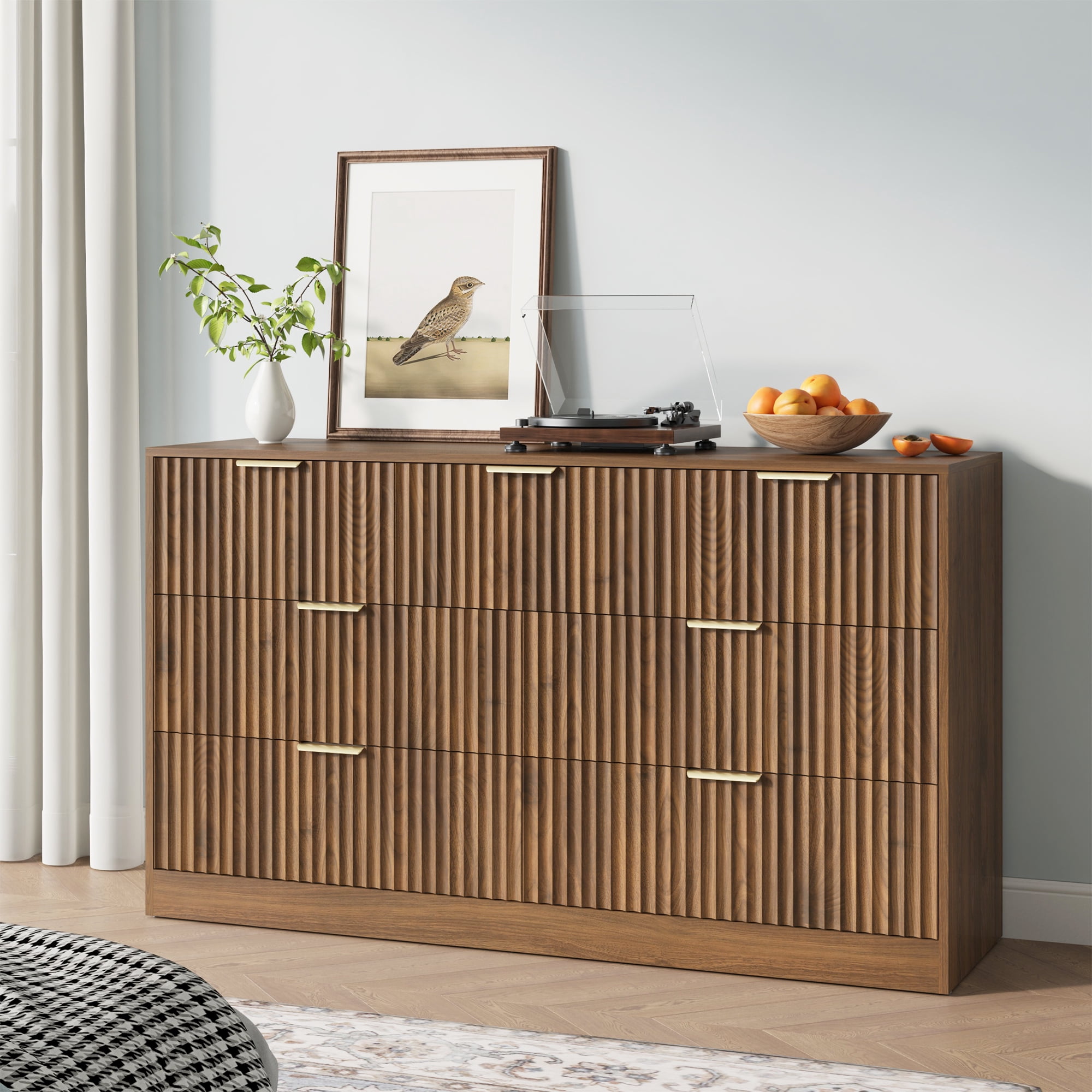 YouTrend 55.1"W Fluted Dressers for Bedroom with 7 Drawers,Modern Chest of Drawer TV Stand for Adults,Wood Clothes Storage for Living Room,Brown