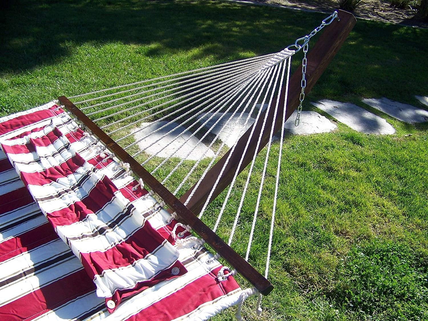 Petra Leisure 14 Ft. Coffee Stain Wooden Arc Hammock Stand + Deluxe Quilted Elegant Red Stripe, Double Padded Hammock Bed w/Pillow. 2 Person Bed. 450 LB Capacity&nbsp;