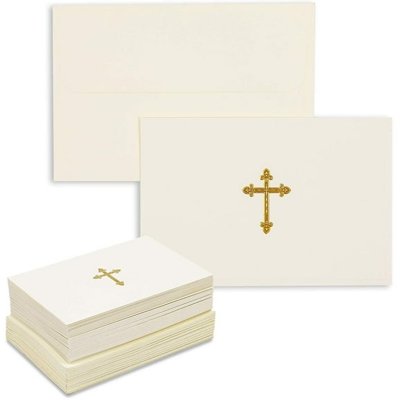 48 Pack Gold Foil Embossed Cross Religious Blank Greeting Card Set with Envelopes (4 x 6 Inch)
