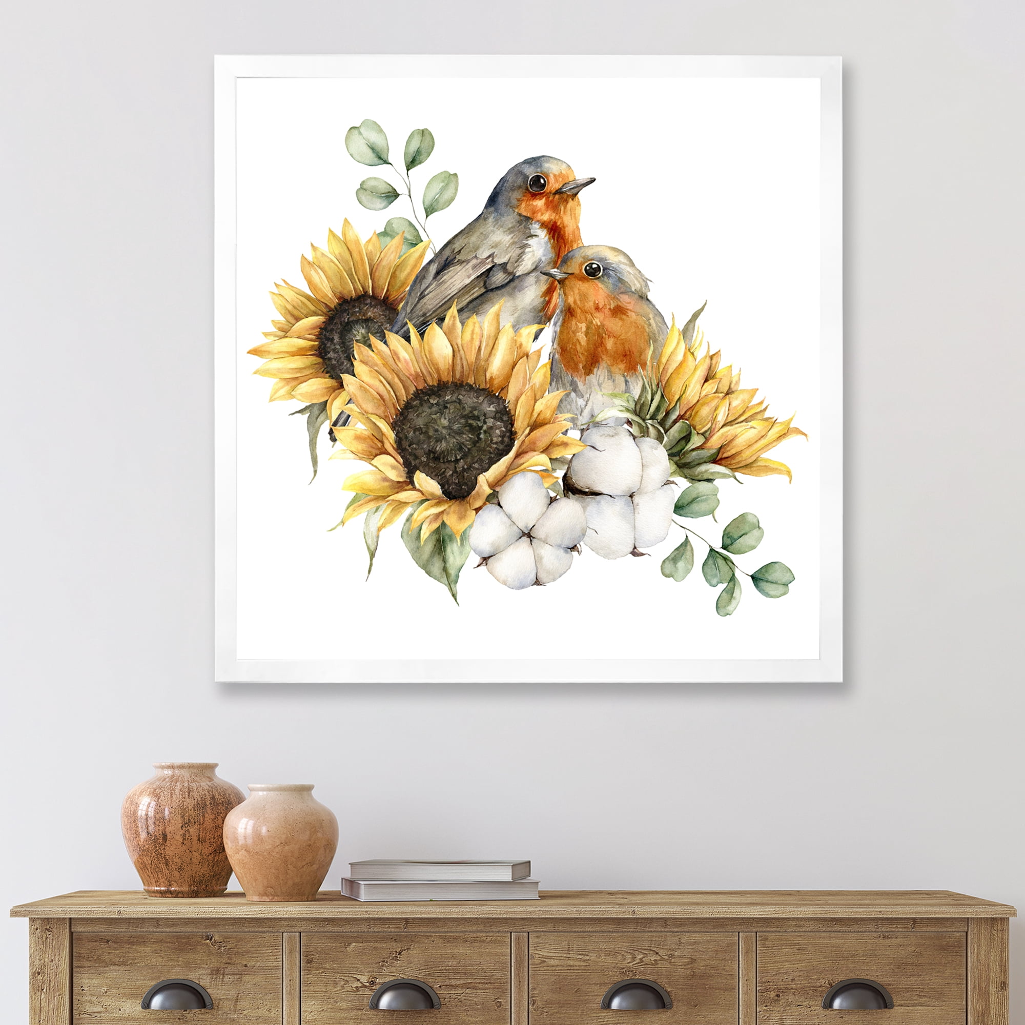 Designart 'Autumn Bouquet With Robin Redbreasts Sunflowers Cotton' Traditional Framed Art Print