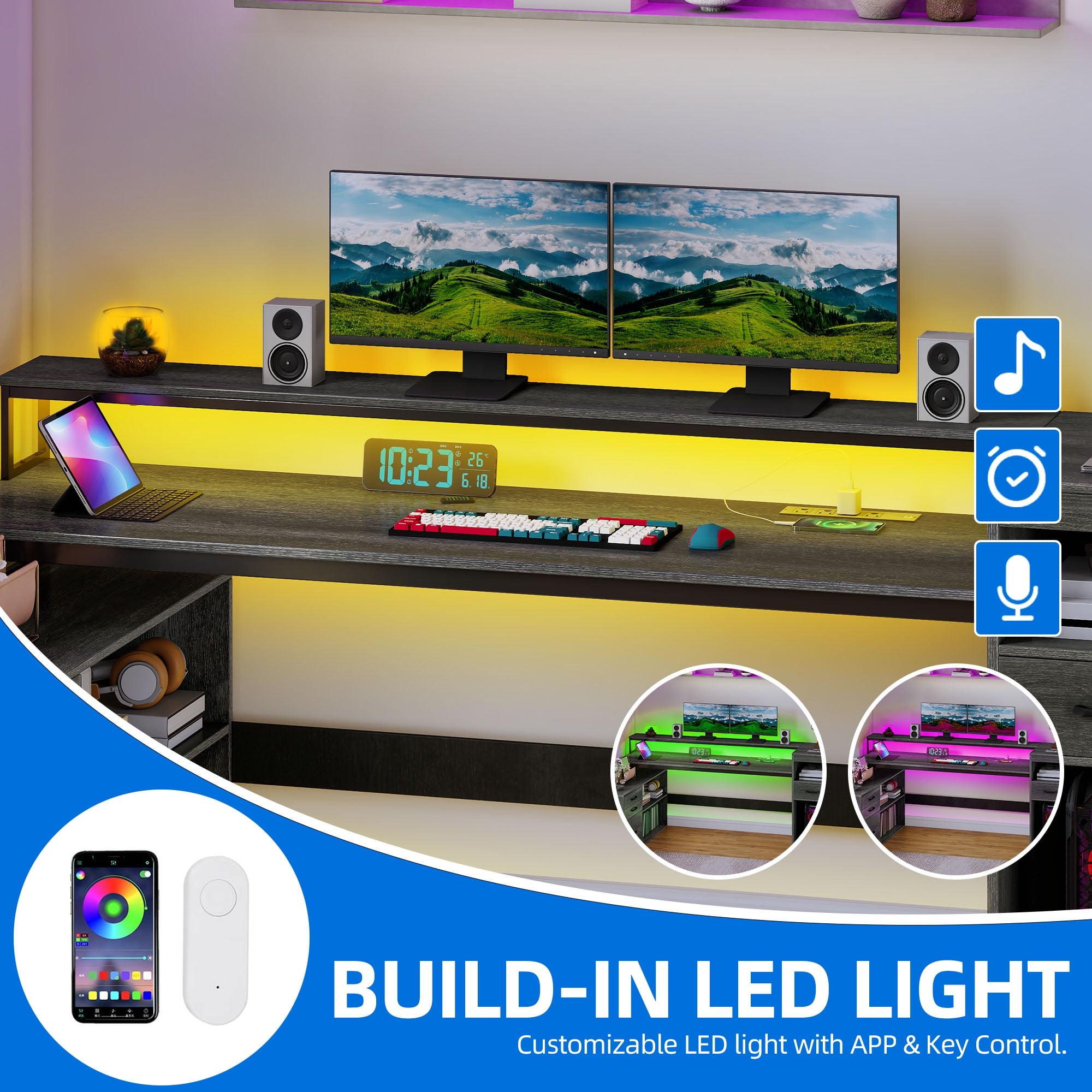 Dextrus L Shaped Computer Desk, 59" Gaming Table with Power Outlet & LED Light & Monitor Stand for Home Office,Gray