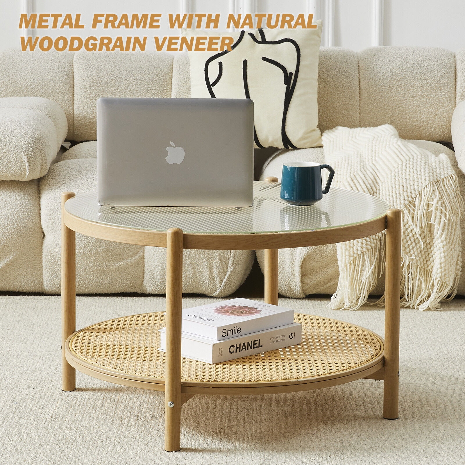 COSVALVE 2 Tier 27.5" Boho Rattan Round Glass Coffee Table