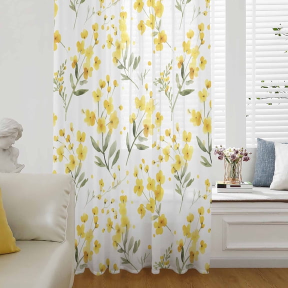 Yellow Flowers Spring Semi Sheer Curtains Drapes for Living Room, Bedroom, French Doors Window 54 Inches Long, Elegant Farmhouse Botanical Rod Pocket Chiffon Curtain Drapery Voile Draperies Panel