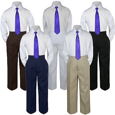 

3pc Purple Tie Suit Shirt Pants Set Baby Boy Toddler Kid Uniform S-7