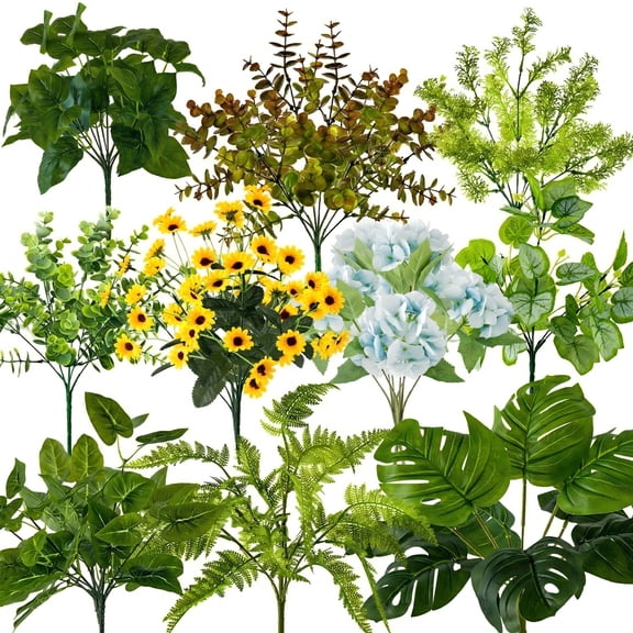 17 Bundles Outdoor Artificial Plants UV Resistant Fake Greenery Stems Faux Shrubs Plastic Plant for Outdoor Planter Porch Patio Garden Window Box Home Decor