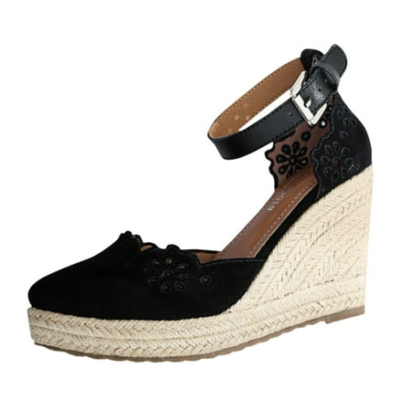 

NOKIO Embroidered Hollow Out Wedge Heels Women Rope Shoes Ankle Wrap Toe Platform Retro Lady Comfy Espadrille Pumps