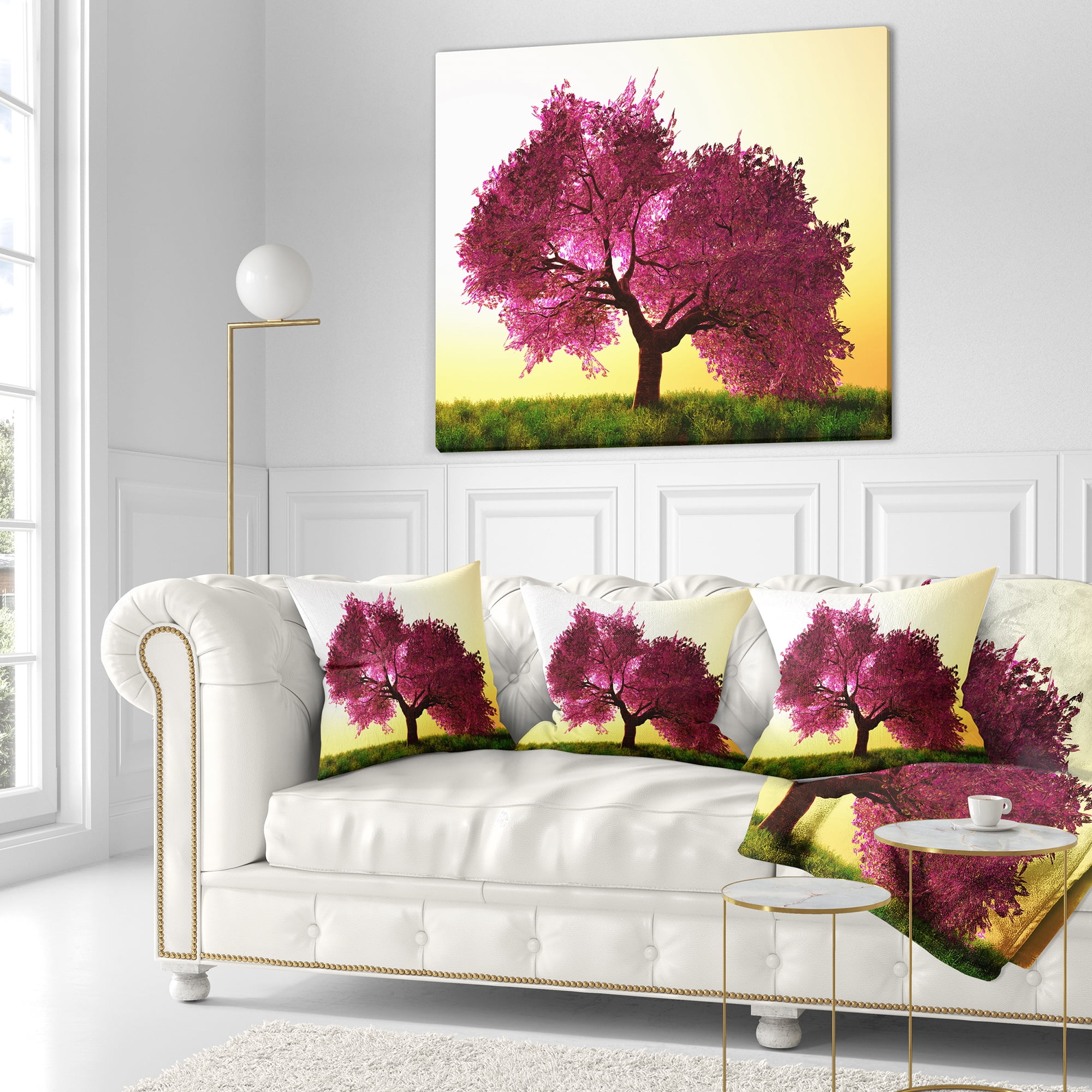 Designart Cherry Blossom in Beautiful Garden - Landscape Printed Throw Pillow - 18x18