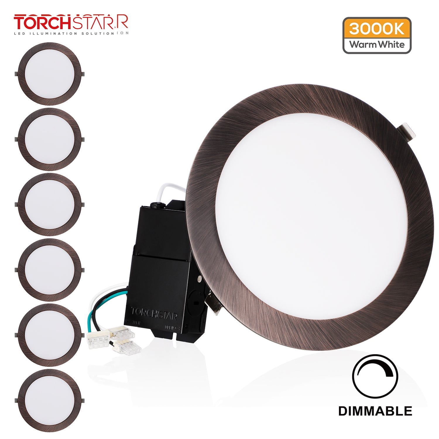 TORCHSTAR Premium 6 Inches Slim Panel Wafer Downlight with J-Box 5000K ETL & Energy Star 5-Year Warranty Pack of 6 13.5W Dimmable Ultra-Thin LED Recessed Light Oil Rubbed Bronze 950lm 