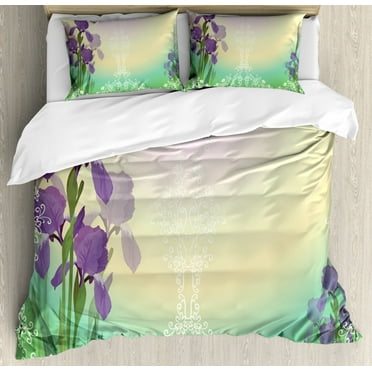 Botanical King Size Duvet Cover Set, Blossoming Iris in Floral Frame on Dreamy Colors Bridal Composition Wedding Theme, Decorative 3 Piece Bedding Set with 2 Pillow Shams, Multicolor, by Ambesonne