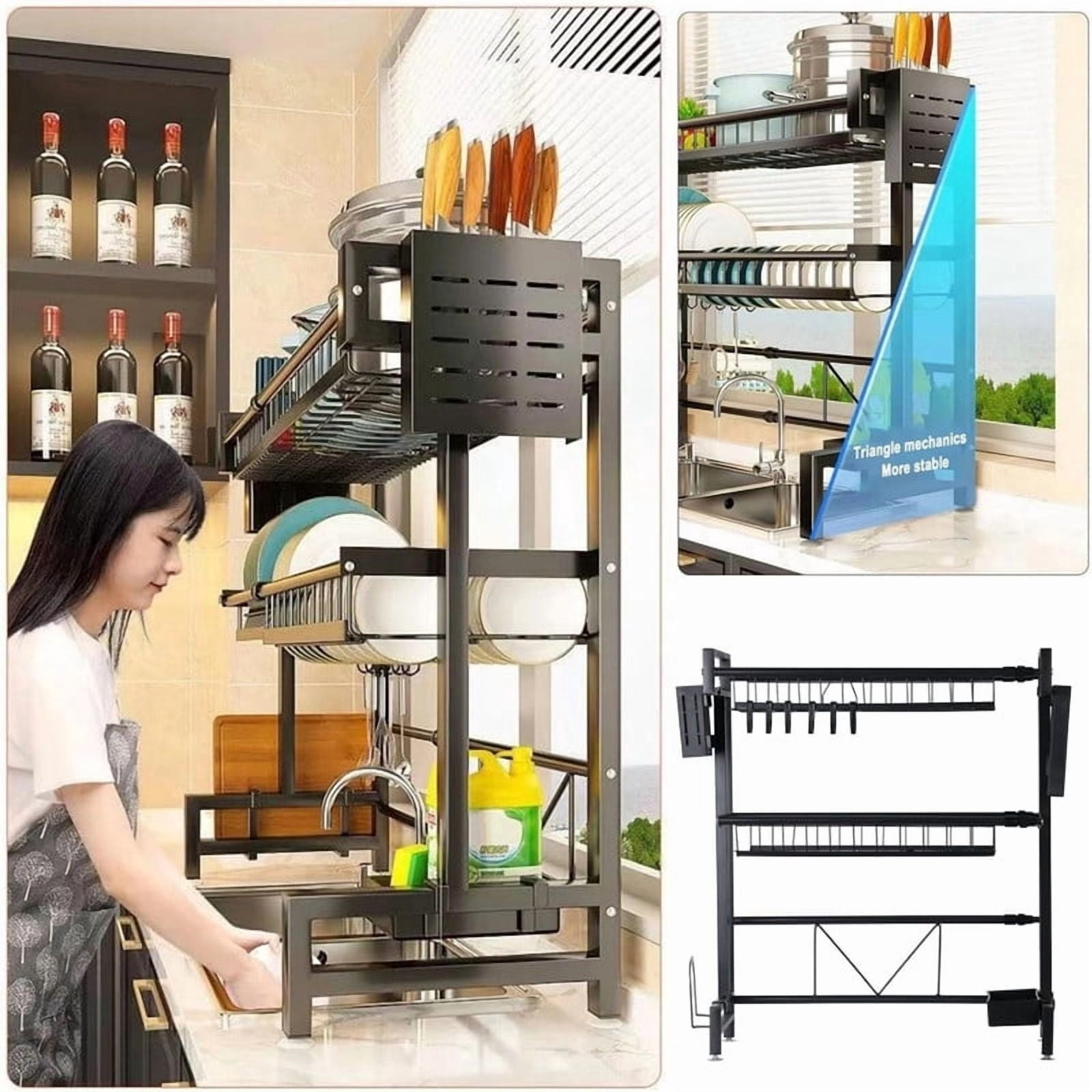 Over The Sink Dish Drying Rack, Telescopic 2 Tier Large Capacity Dish Rack, Sink Organize Stand, Kitchen Counter Storage Shelf Supplies for Plates Bowls Pots