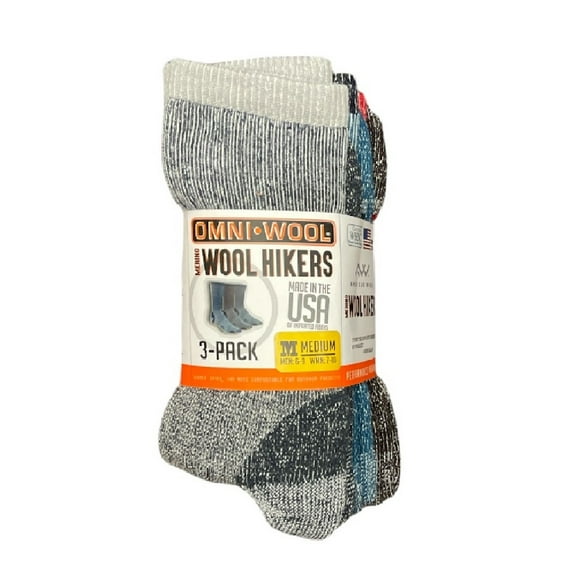 Omni Wool Unisex Merino Wool Multi-Sport Warm Hikers Hunting Socks, 3 Pairs (Red/Blue/Grey, L)