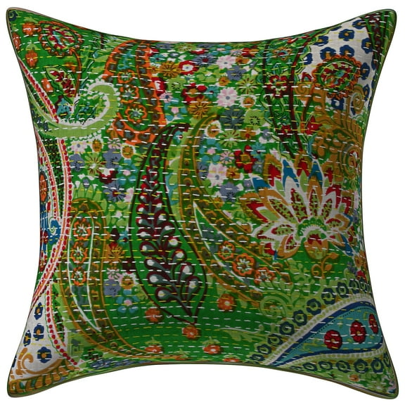 Stylo Culture Indian Settee Sofa Throw Pillow Cover 16 x 16 Paisley Floral Kantha Parrot Green Printed 40x40 cm Home Decor Cotton Square Cushion Cover | 1 Pc