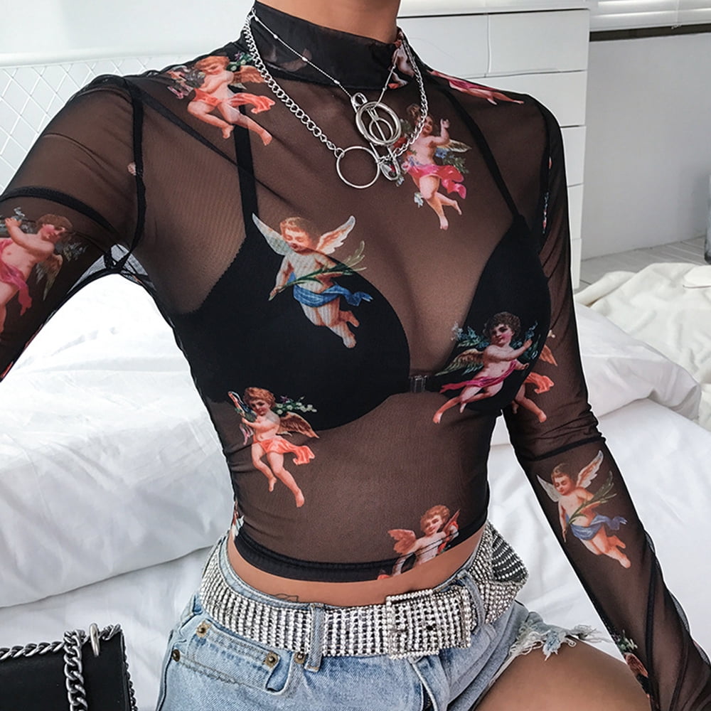 Women Transparent Mesh Top Crop T-shirt 