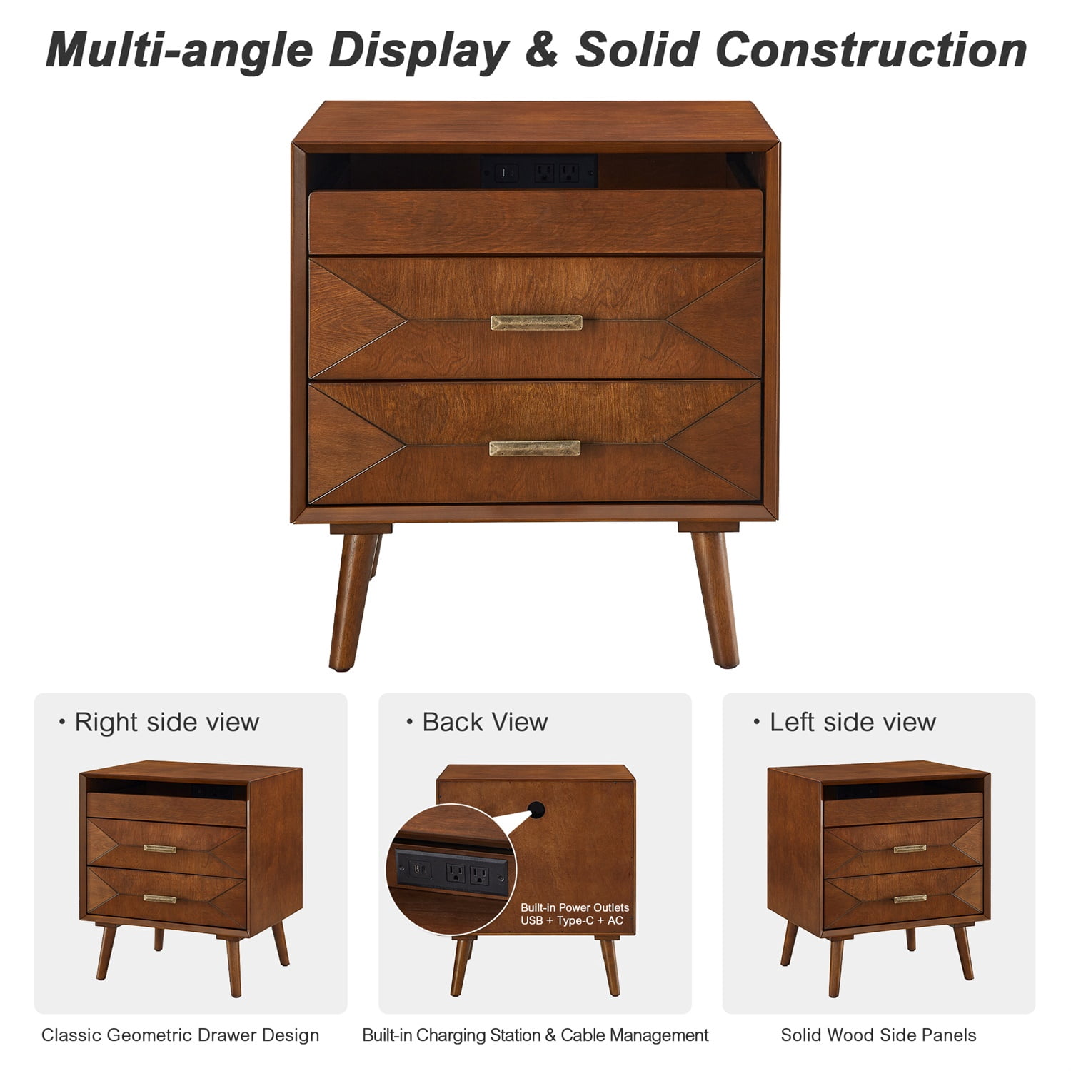 Hommoo 24" Mid-Century Modern Nightstand with Built-in Charging Station, Solid Wood & MDF Bedside Table, 2 Drawers & Open Shelf for Bedroom, Living Room or Home Office, Walnut