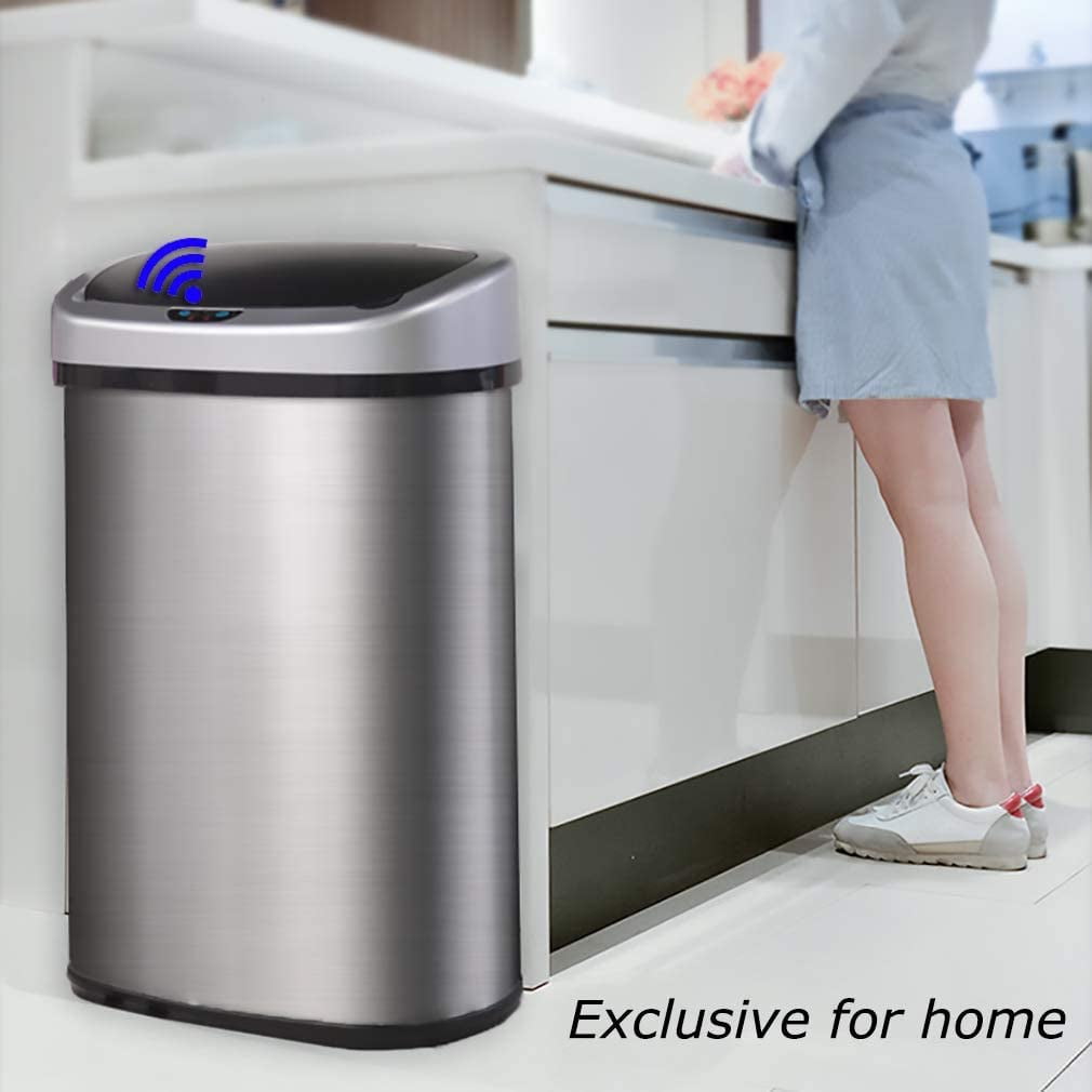 Dkelincs Automatic 13 Gallon Kitchen Can Stainless Steel Touch Free Trash Can with Lid Waste Bin for Kitchen Bathroom Bedroom Office, Powered by 4x C Batteries Trash Can