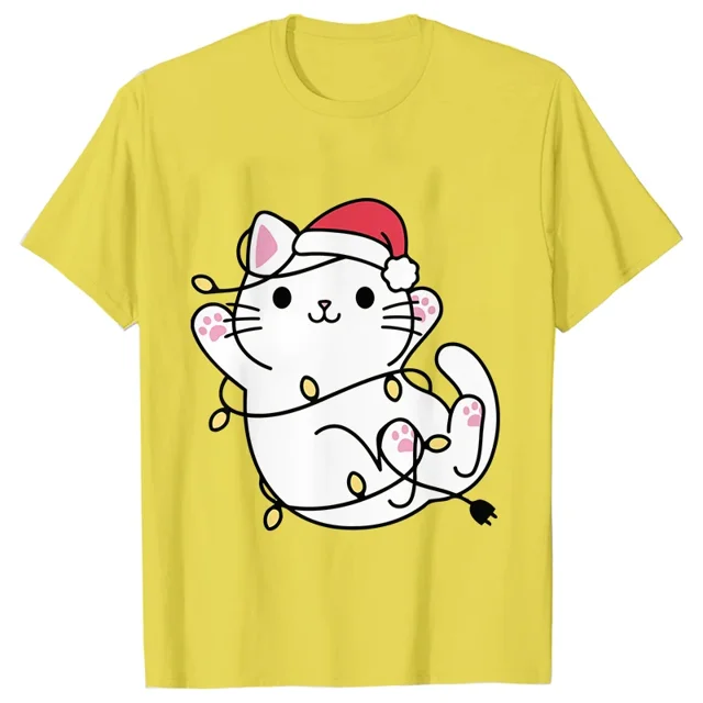 Camiseta con luces navideñas para mujer, camisetas con estampado gráfico de gato bonito, camisetas de manga corta, ropa de calle divertida, camiseta de marca, ropa femenina
