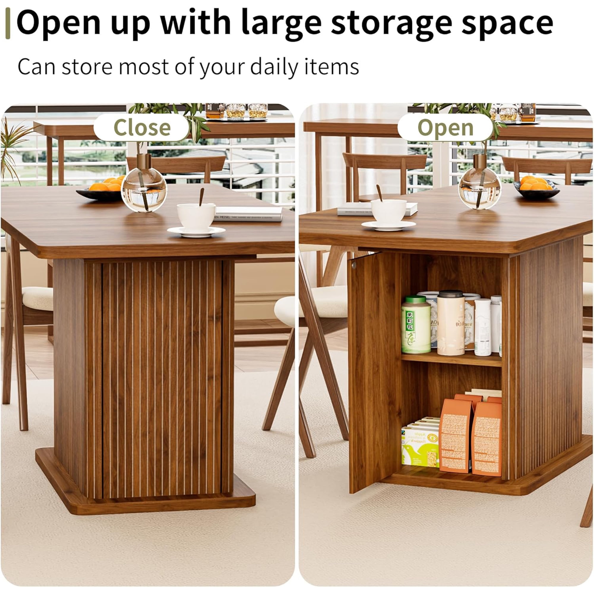 Extendable Dining Table for 4-8, Rectangle Dining Room Table with Storage, Modern Kitchen Table for Dinner, Living Room, Walnut