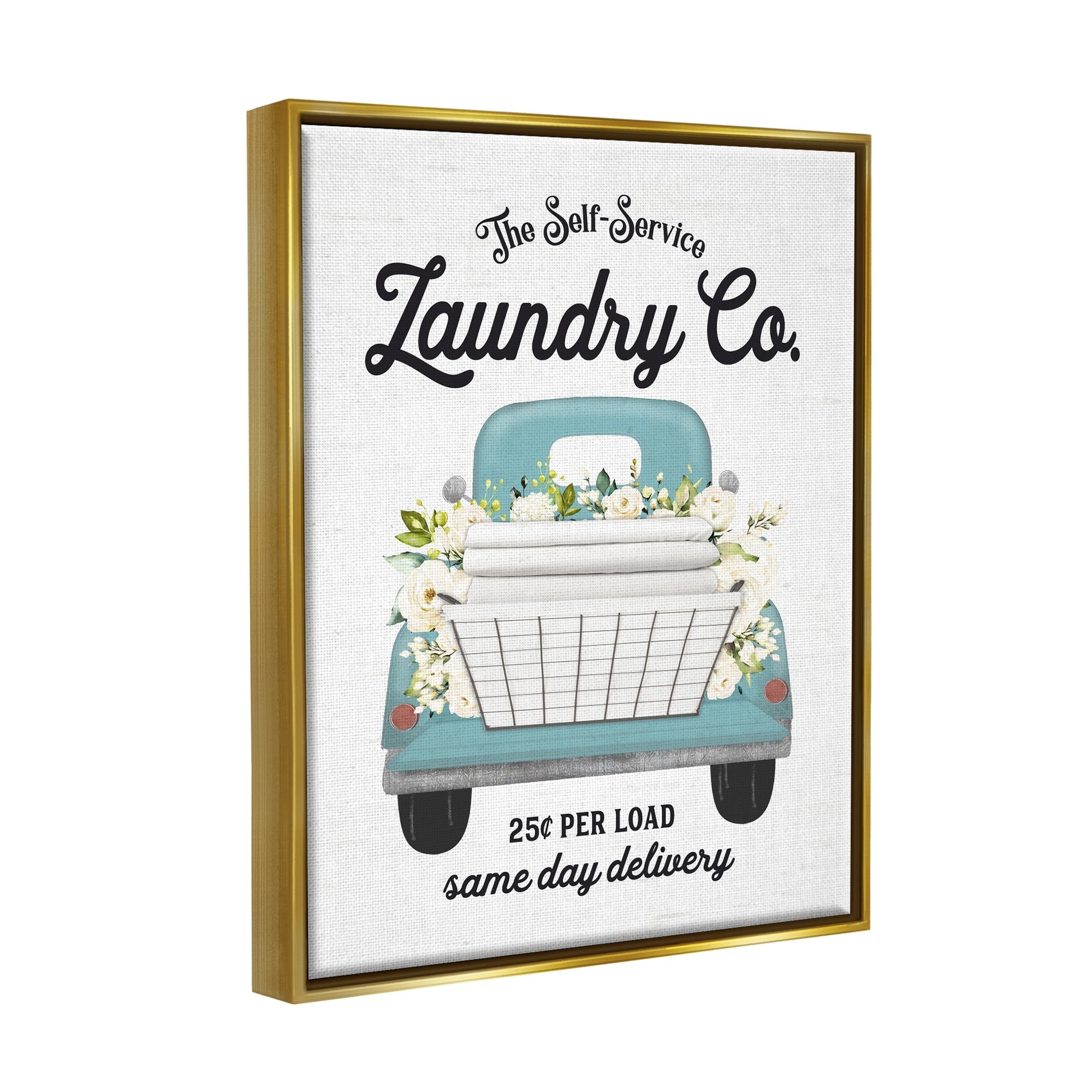 Stupell Industries Self Service Laundry Co. Antique Truck Flower Arrangement Graphic Art Metallic Gold Floating Framed Canvas Print Wall Art, Design by Lettered and Lined